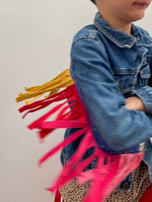 Double Denim Kids, Upcycled Denim Jacket with Rainbow Fringe