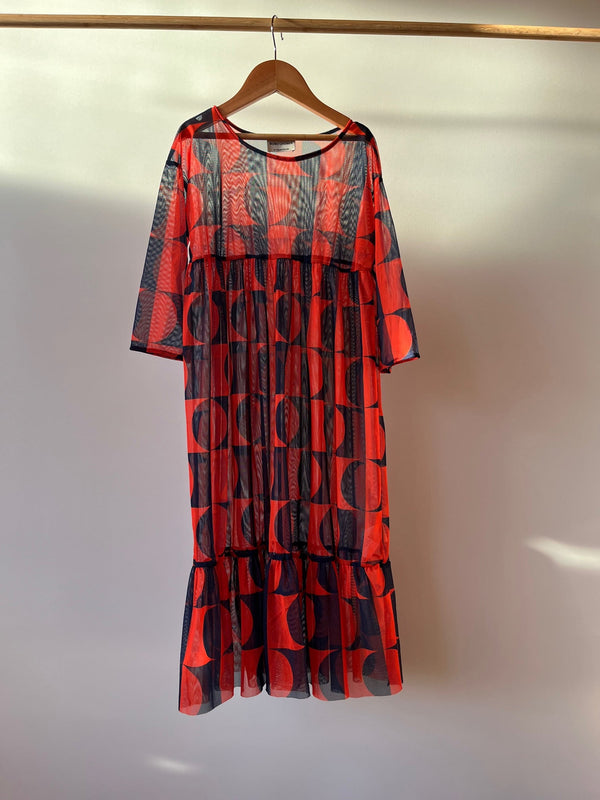 Preloved Bobo Choses, Red and Navy Circle Sheer Dress, 6 - 7 Years