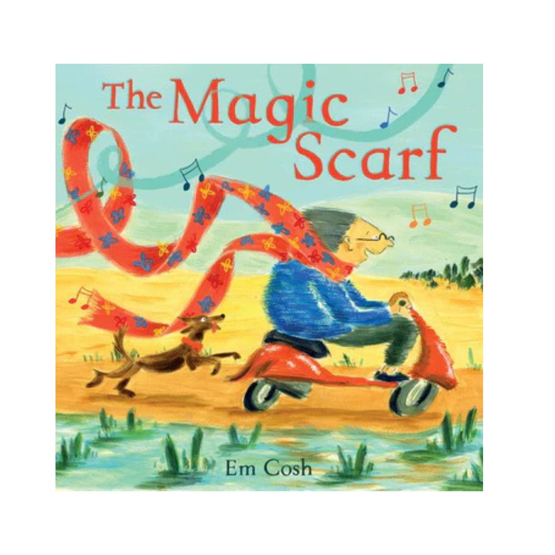 Children's book cover for 'The Magic Scarf' by Em Cosh, featuring a colorful illustration of a man riding a red scooter and a dog running beside a long, flowing red scarf decorated with blue and yellow stars.