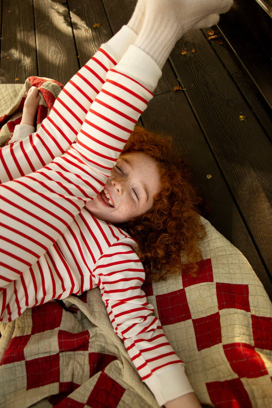 Sleepy Doe Organic Cotton Red and Oatmeal Breton Stripe Modern Christmas Pyjamas for Kids