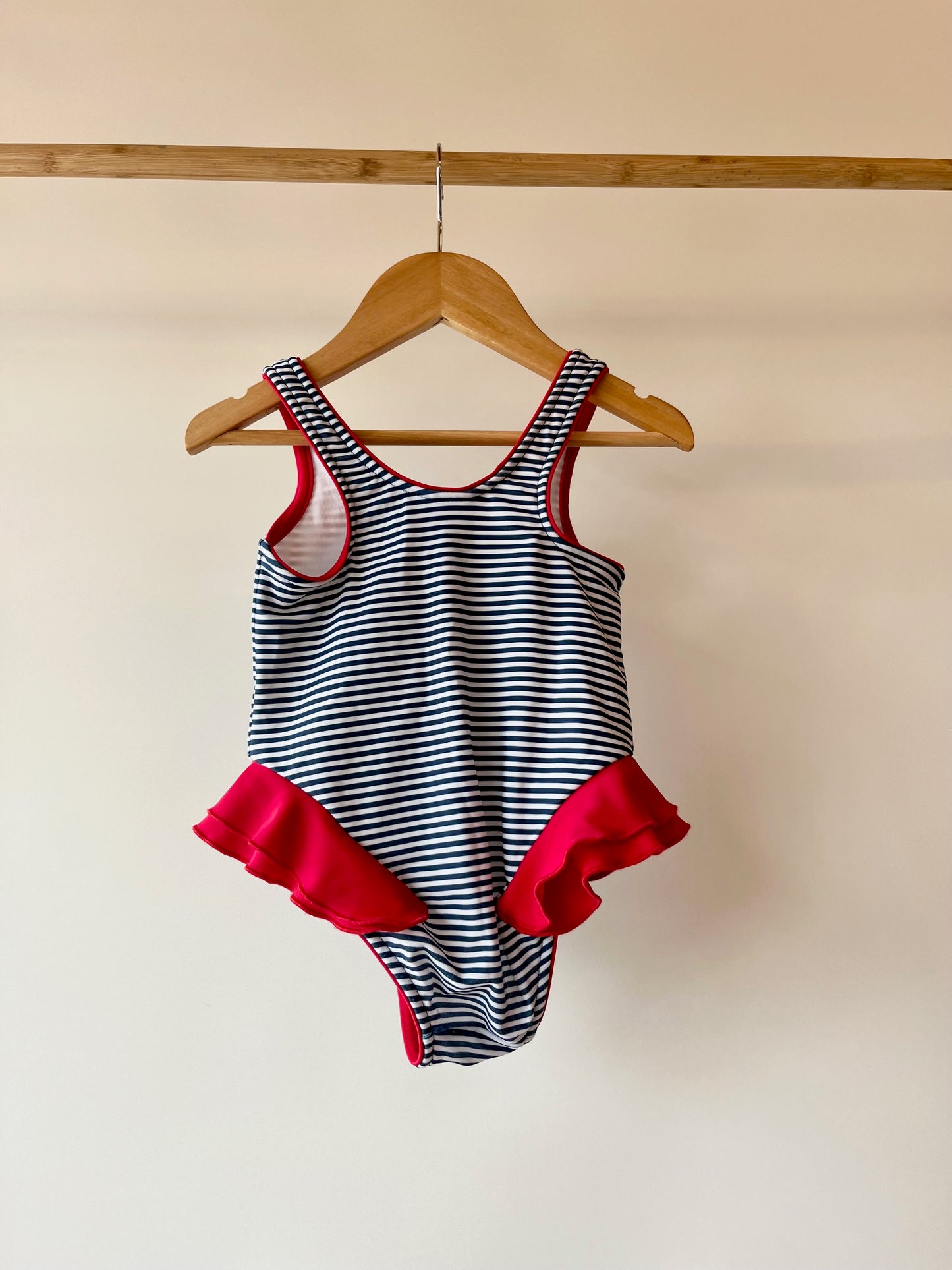 Rachel Riley, Blue and White Nautical Swimsuit with Red Trim, 4 Years