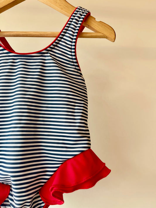 Rachel Riley, Blue and White Nautical Swimsuit with Red Trim, 4 Years