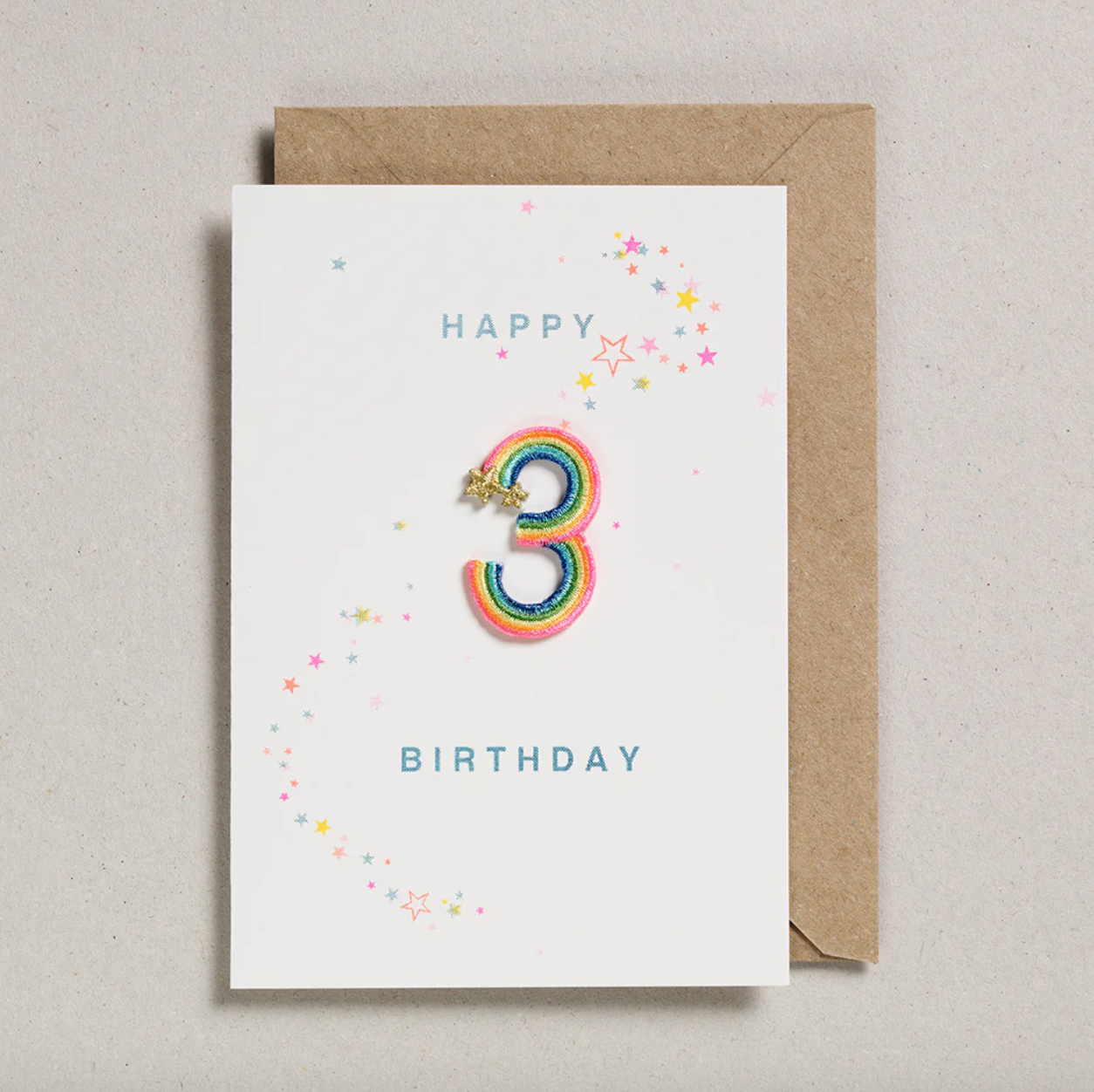 Petra Boase Cards Rainbow Age 3 Iron On Patch Birthday Card