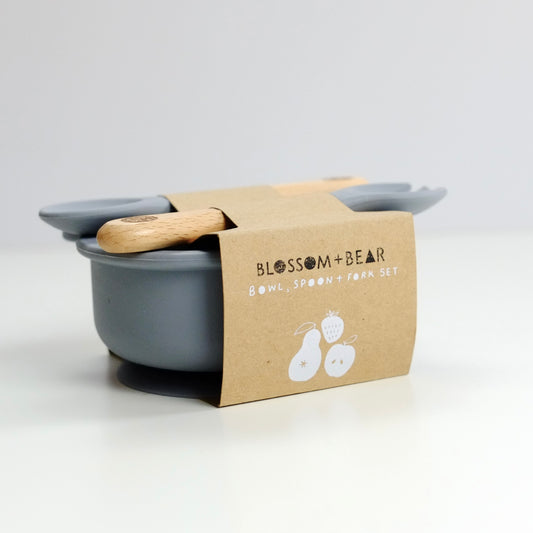 Blossom + Bear, Pebble 'Cub' Silicone Suction Bowl and Cutlery set