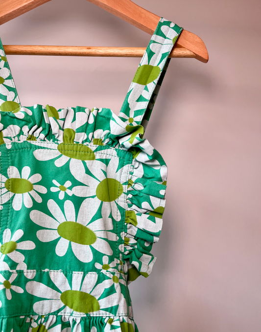 The Animals Observatory, Green Daisy Print Cross-Back Apron Dress, 6 - 7 Years