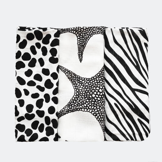 Set of Three Animal Print Sensory Muslin Squares