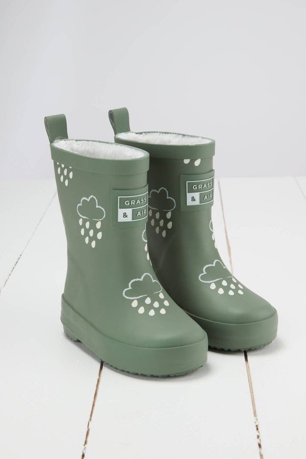 Khaki Green Colour-Revealing Wellies with Teddy-Fleece Lining