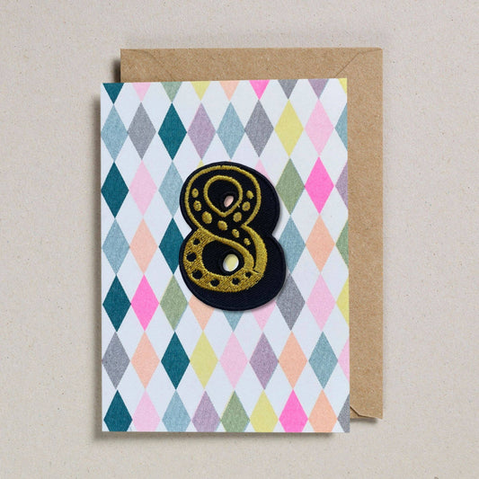Petra Boase, Harlequin Age 8 Birthday Card with Number Iron-On Patch
