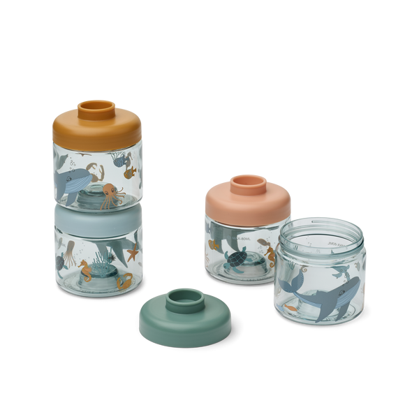 Liewood, Dominque Tritan Food Boxes Stacking Snack Pots, Sea Creature Print, 4 x 100ml