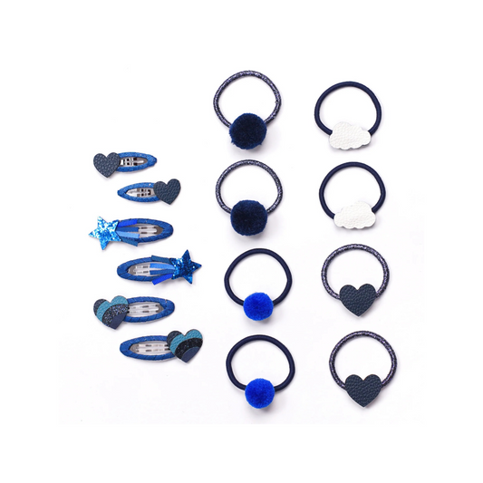 A set of hair accessories on a plain white background, including several blue and dark blue hair clips with heart and star designs, plus multiple dark blue elastic hair ties with pom-poms, cloud shapes, and heart details.