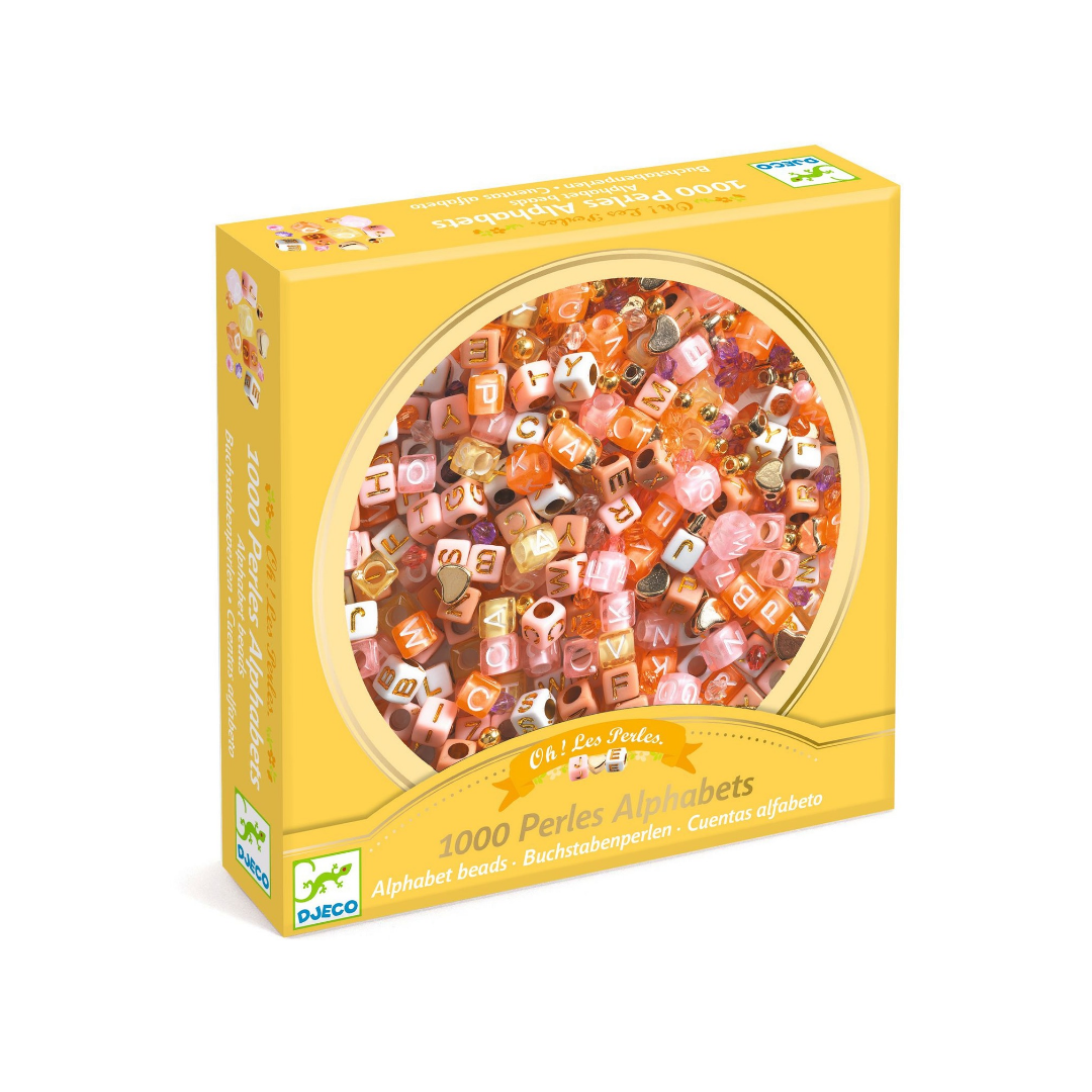 A yellow box for a 1000-piece alphabet bead craft kit, featuring a large circular window showing colourful pink and gold tone alphabet beads inside. The brand logo 'Djeco' is visible in the bottom left corner.