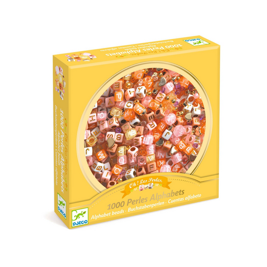 A yellow box for a 1000-piece alphabet bead craft kit, featuring a large circular window showing colourful pink and gold tone alphabet beads inside. The brand logo 'Djeco' is visible in the bottom left corner.