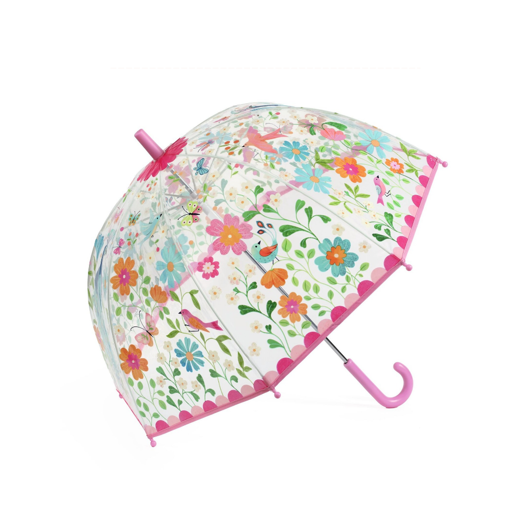 Djeco pink umbrella with clear canopy and birds and butterflies design 