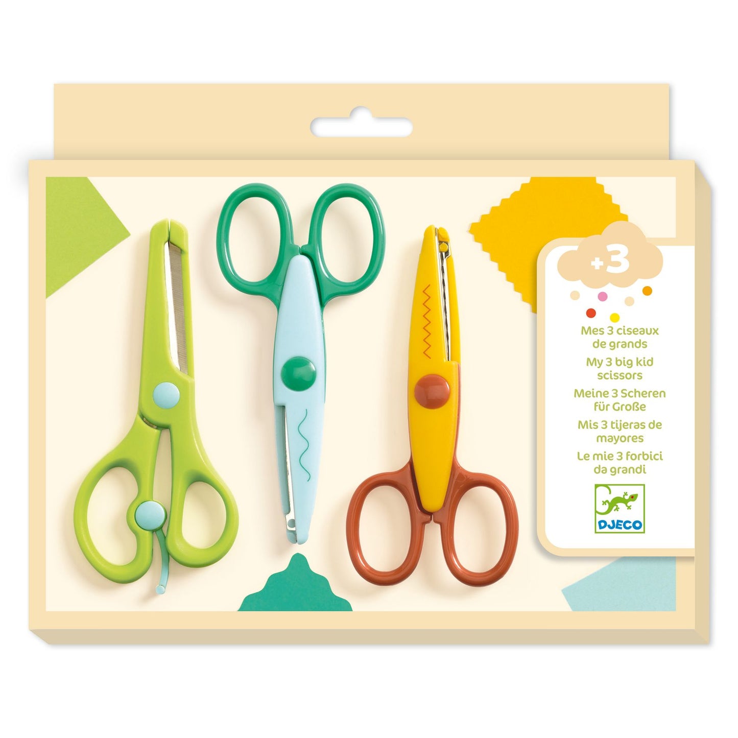 Set of three children's scissors in packaging with Djeco branding