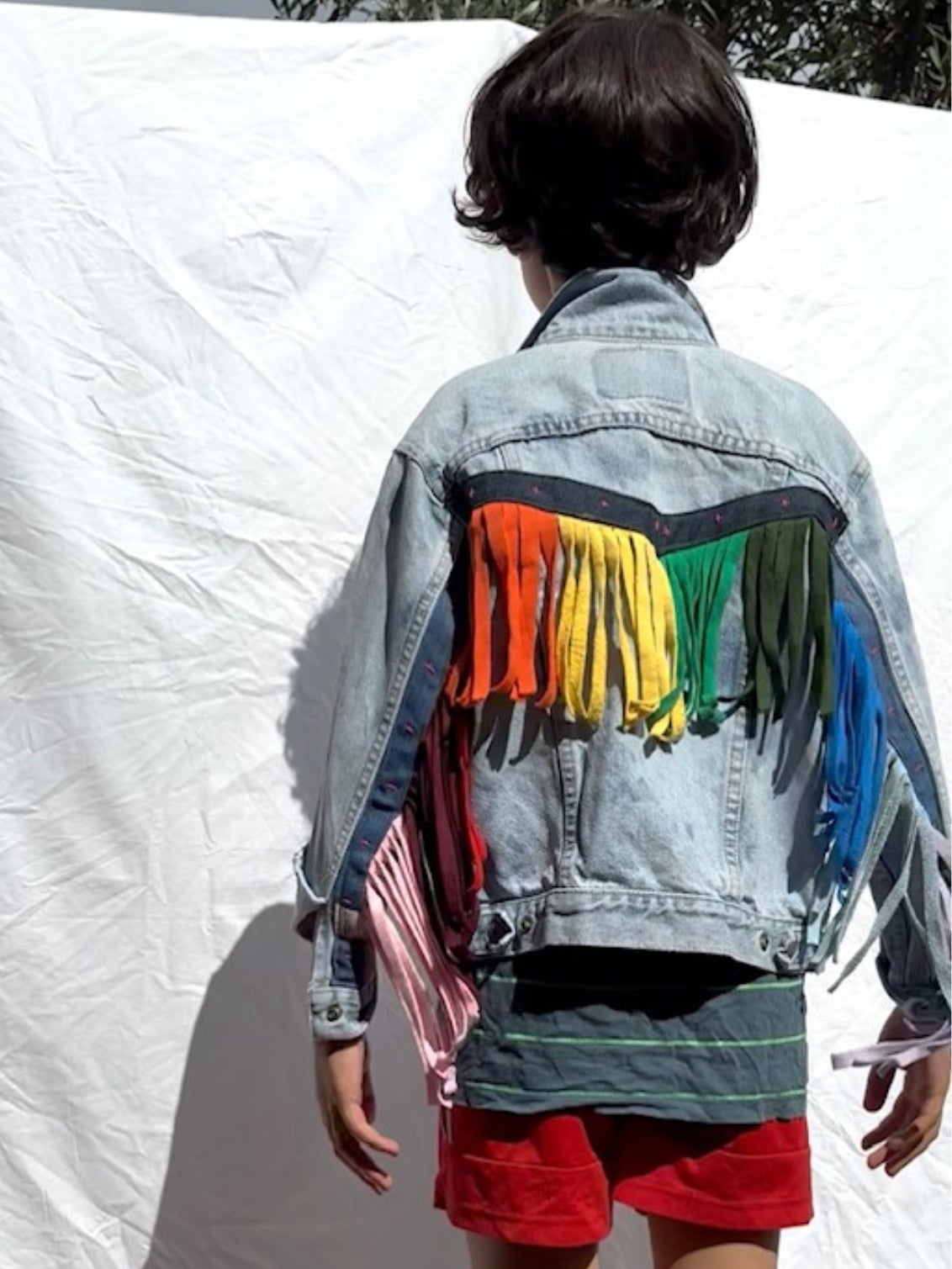 Double Denim Kids, Upcycled Denim Jacket with Rainbow Fringe