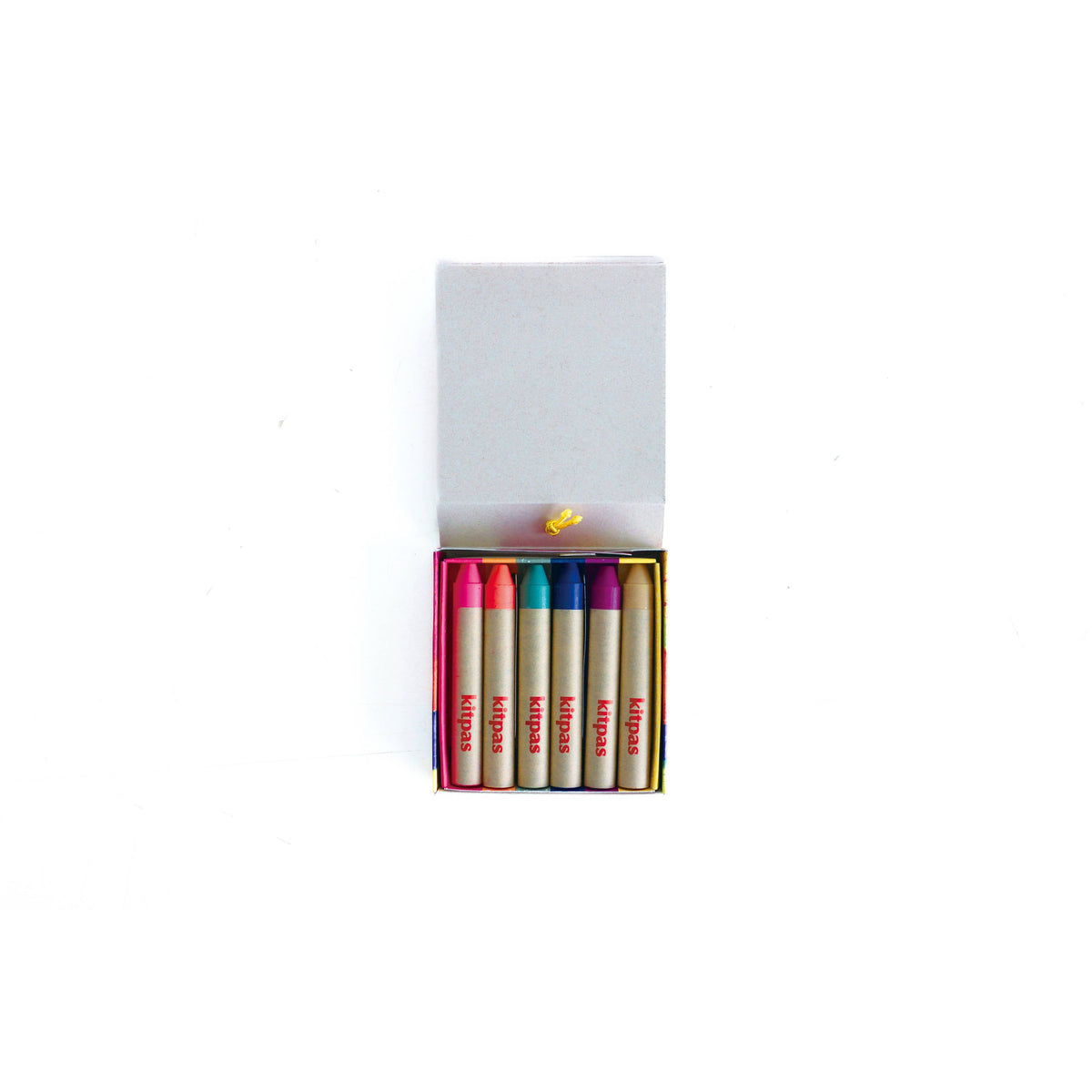 A set of six Japanese Kitpas brand matchbox Rice Bran crayons in vibrant colours, shown in their open matchbox packaging against a solid white background.
