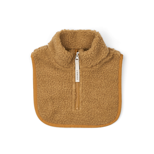 A tan fleece quarter-zip bib with a high collar and a fabric zipper pull labeled 'LIEWOOD, shown flat on a white background