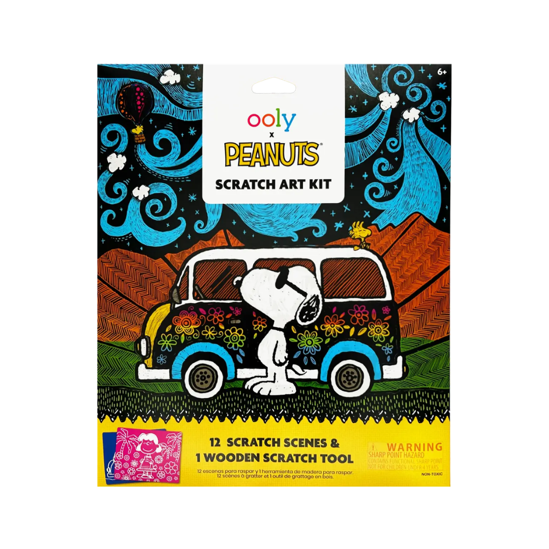 Ooly Peanuts Scratch Art Kit packaging featuring a colorful illustrated design with Snoopy and the van on a white background.