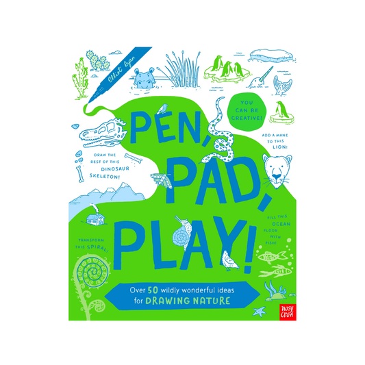 The front cover of the children's activity book 'Pen, Pad, Play!' by Busy Beagle. The cover features a bright green background with whimsical hand-drawn illustrations in light blue, including a bear, dinosaur skeleton, waves, and a polar bear.
