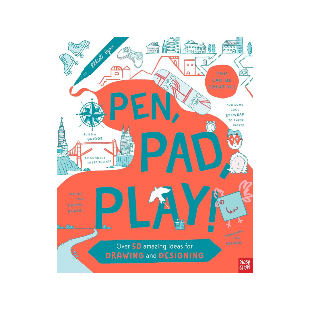 Book cover for 'Pen, Pad, Play!' featuring a bright coral-orange background with teal line drawings of drawing tools, bridges, a compass, and creative icons. The title is written in large teal letters, with subtitle text about over 50 amazing ideas for drawing and designing.
