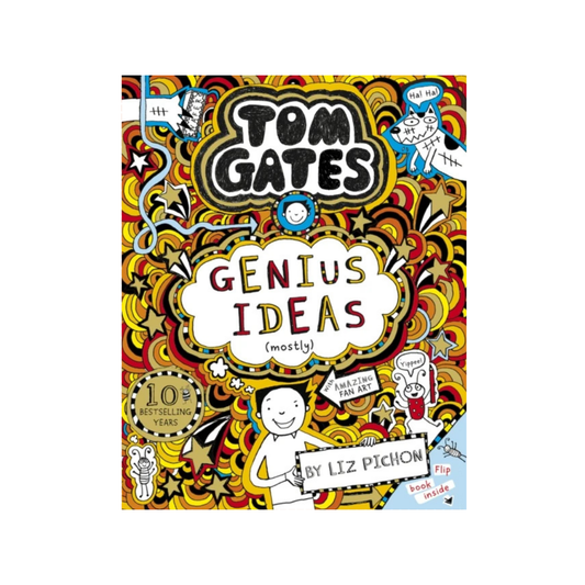 A black and white child's drawing of a boy called Tom Gates, his dog and some insects on a yellow, orange and red psychedelic background with shooting stars and title Tom Gates Genius Ideas Mostly by Liz Pichon