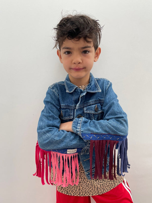 Double Denim Kids, Upcycled Denim Jacket with Rainbow Fringe