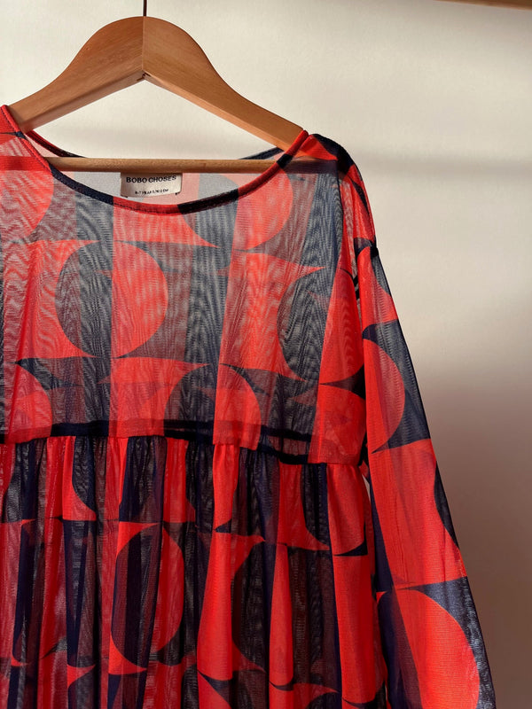 Preloved Bobo Choses, Red and Navy Circle Sheer Dress, 6 - 7 Years