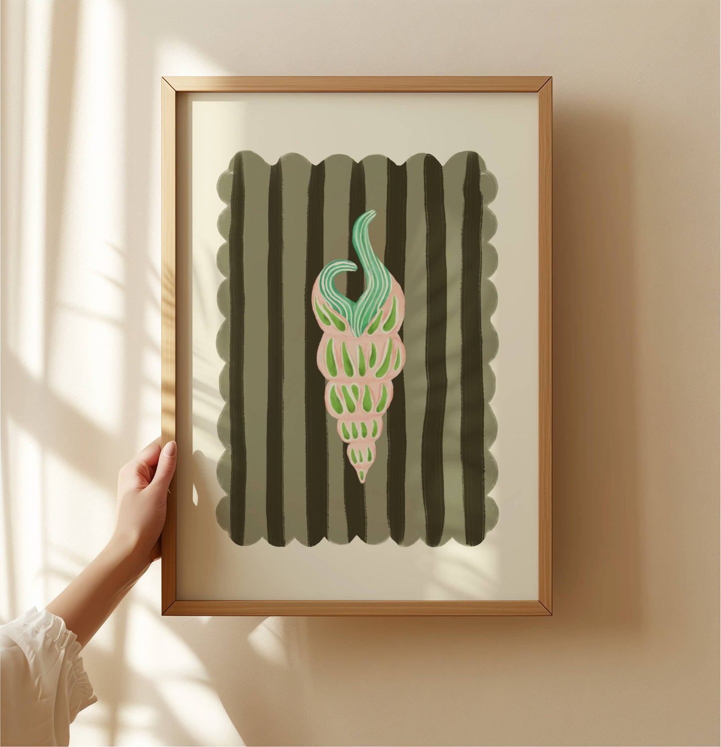 Kate Fox Design, Hand Drawn Shell with Green Stripe Background A3 Print