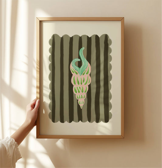 Kate Fox Design, Hand Drawn Shell with Green Stripe Background A3 Print