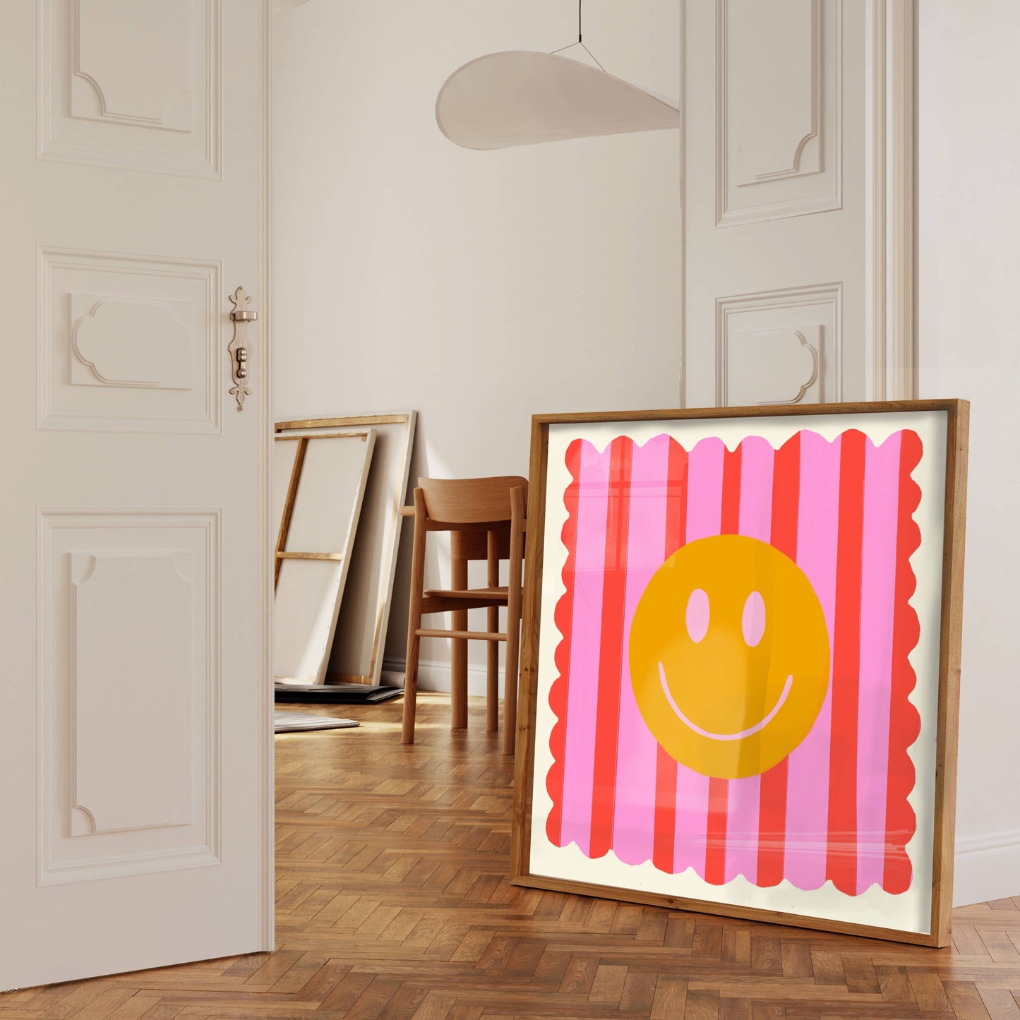 Kate Fox Design - Red Stripe Smiley, Dopamine Decor, Maximalist, Colourful: 14 x 14 Inches