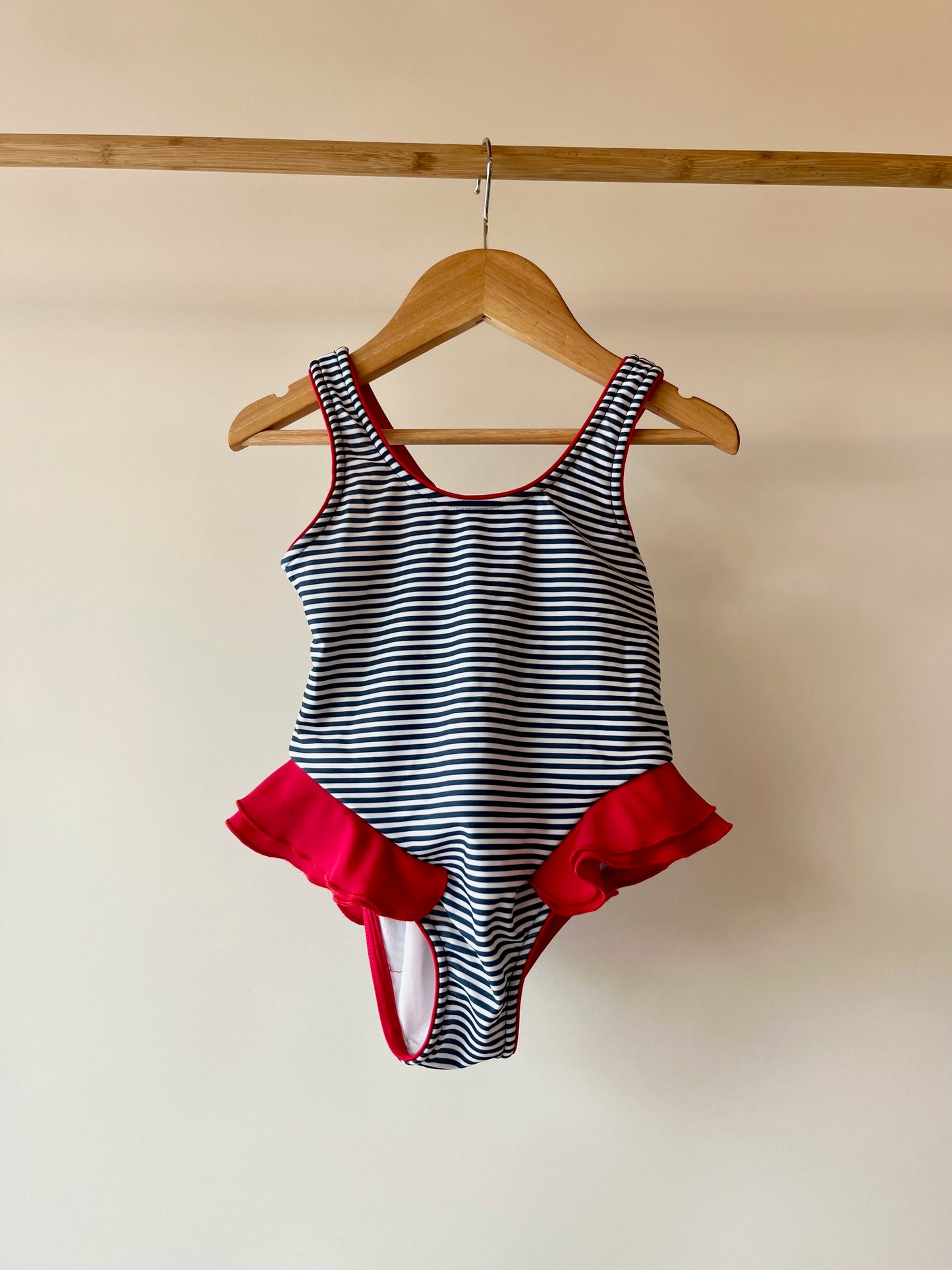 Rachel Riley, Blue and White Nautical Swimsuit with Red Trim, 4 Years