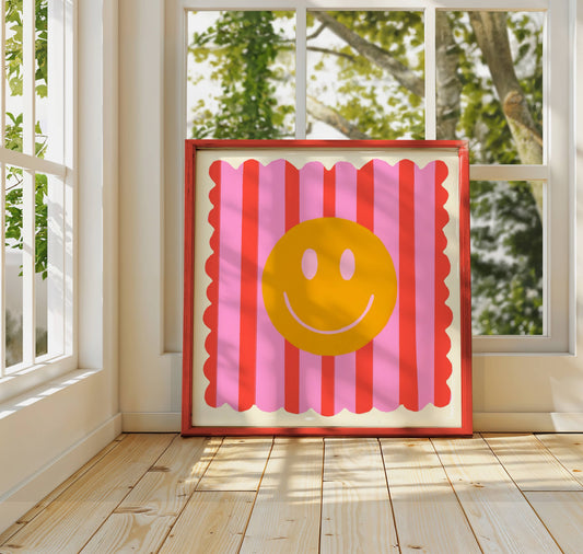 Kate Fox Design - Red Stripe Smiley, Dopamine Decor, Maximalist, Colourful: 14 x 14 Inches
