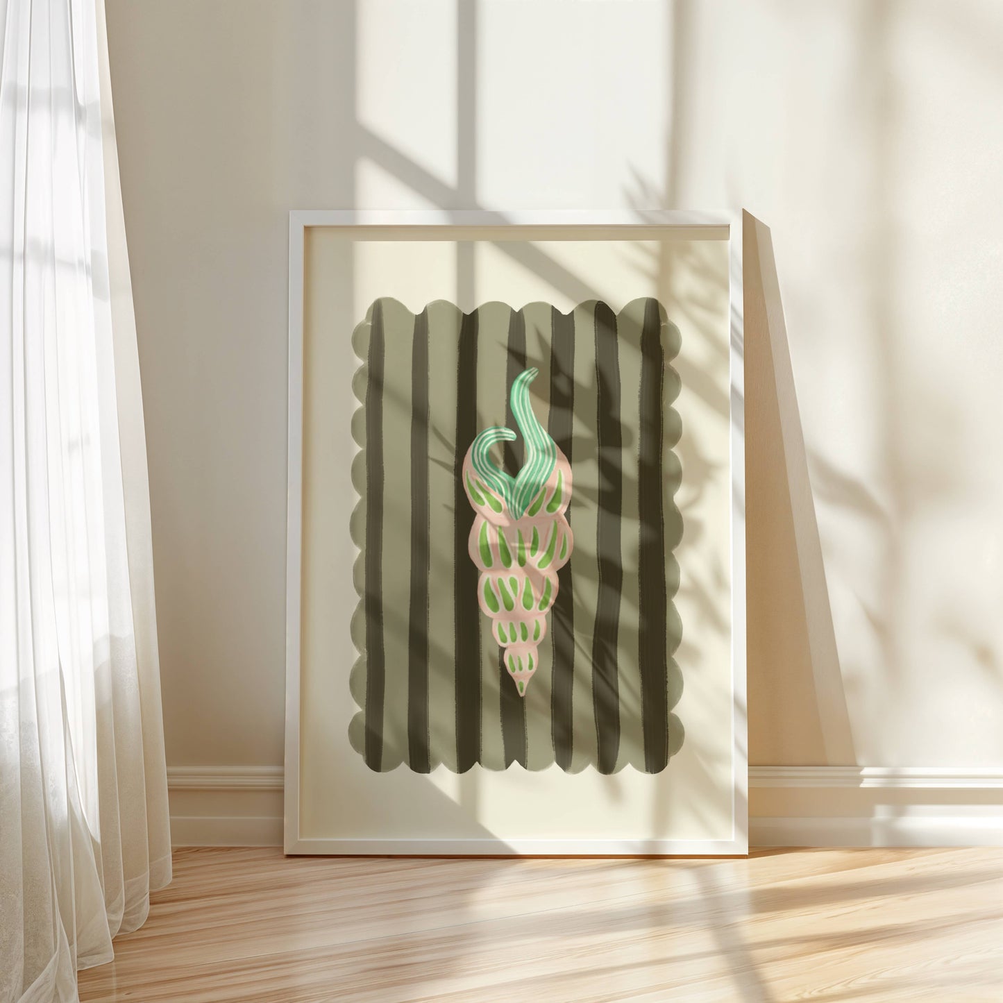 Kate Fox Design, Hand Drawn Shell with Green Stripe Background A3 Print