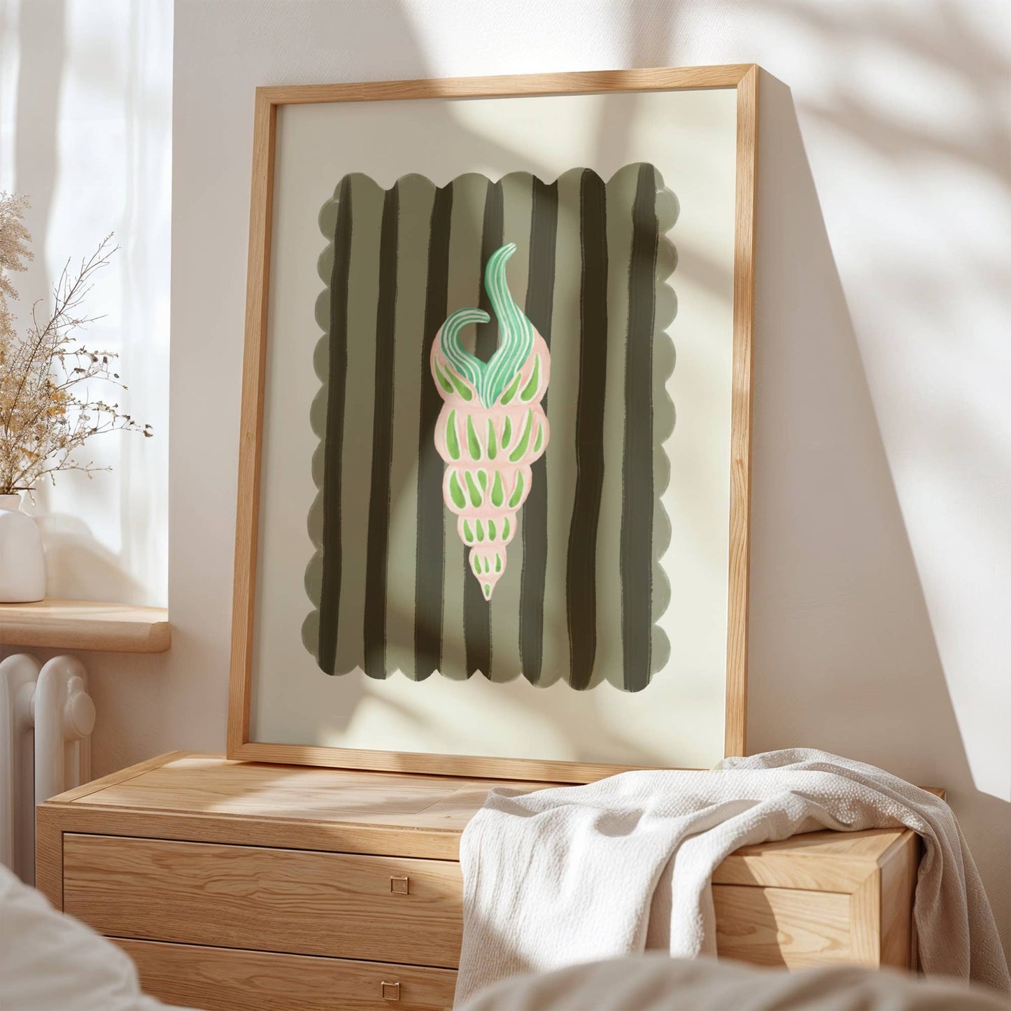 Kate Fox Design, Hand Drawn Shell with Green Stripe Background A3 Print