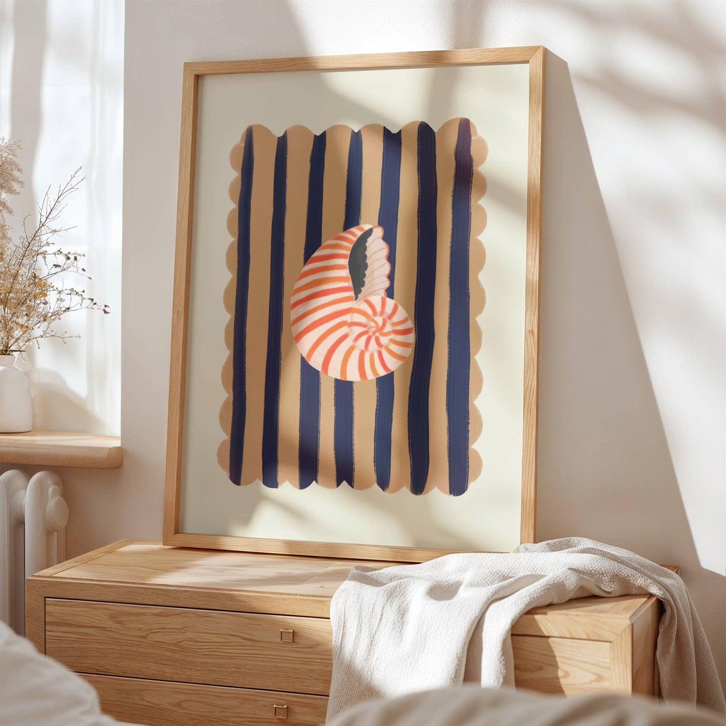 Kate Fox Design, Hand Drawn Shell with Blue Stripe Background A3 Print