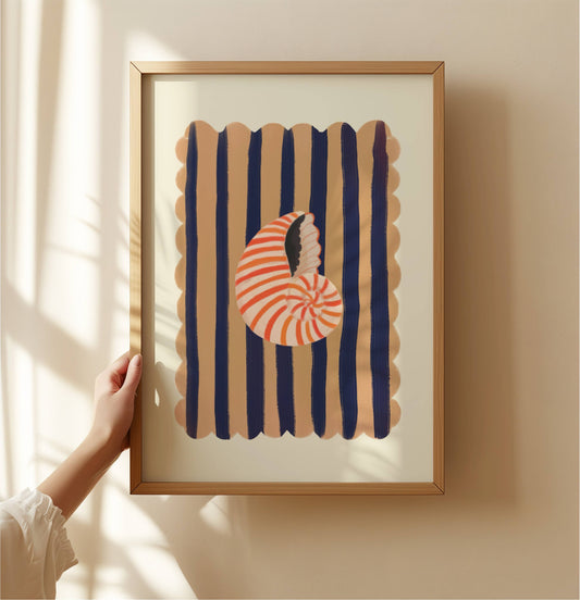 Kate Fox Design, Hand Drawn Shell with Blue Stripe Background A3 Print