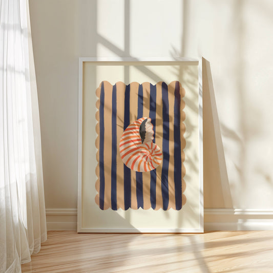 Kate Fox Design, Hand Drawn Shell with Blue Stripe Background A3 Print