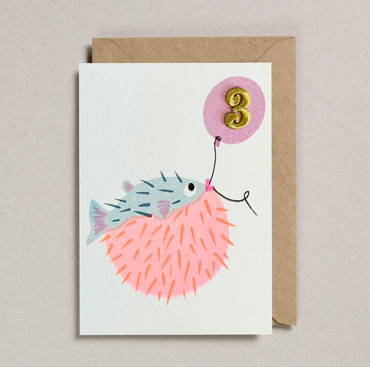 Confetti Pets Age 3 Pufferfish Birthday Card