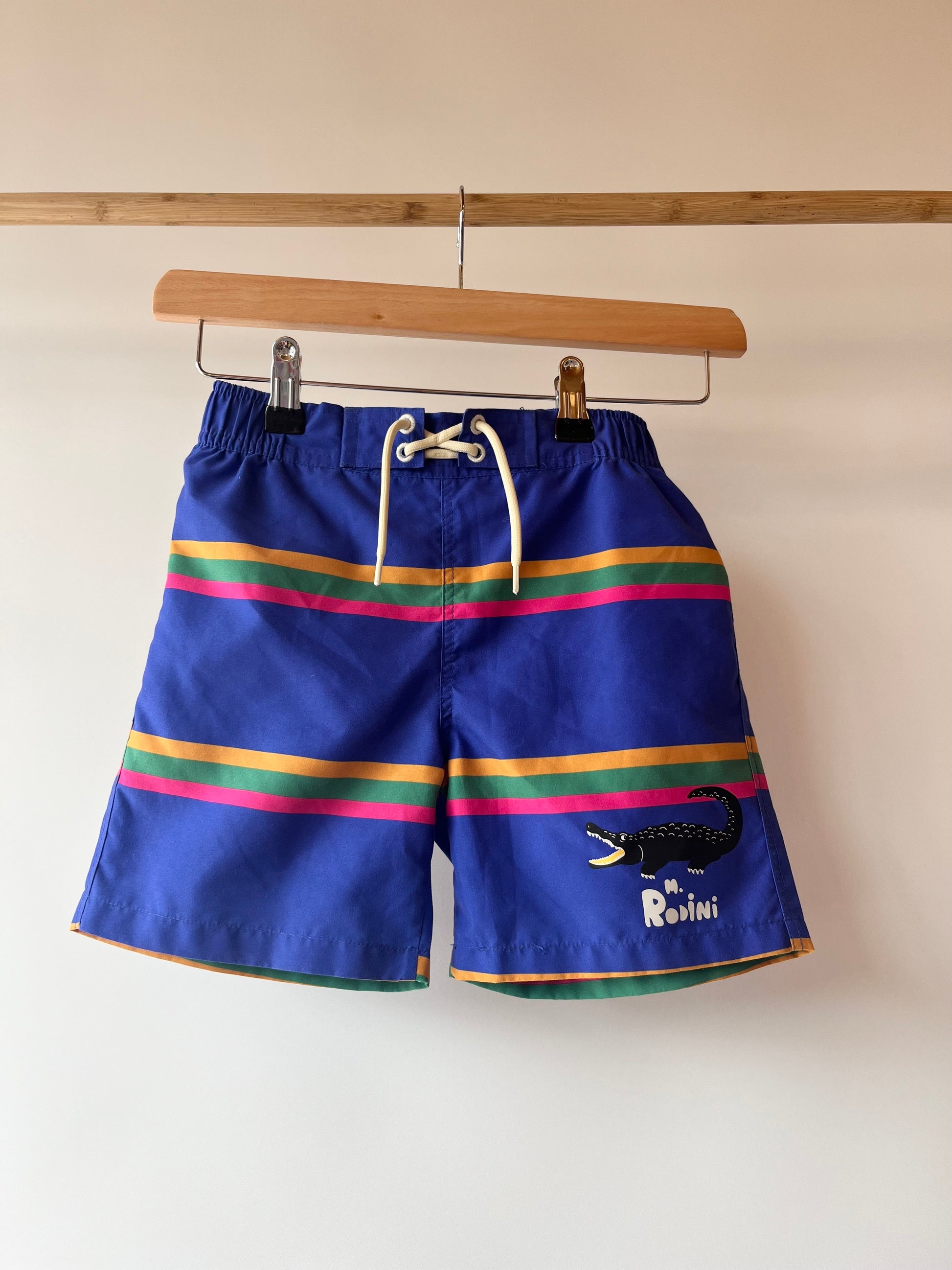 Mini Rodini, Purple and Multicolour Stripe Swim Shorts, 5 - 6 Years
