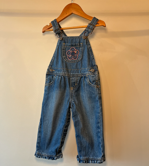 OshKosh, Denim Dungarees with Pink Floral Embroidery, 6 - 12 Months
