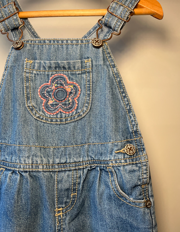 OshKosh, Denim Dungarees with Pink Floral Embroidery, 6 - 12 Months